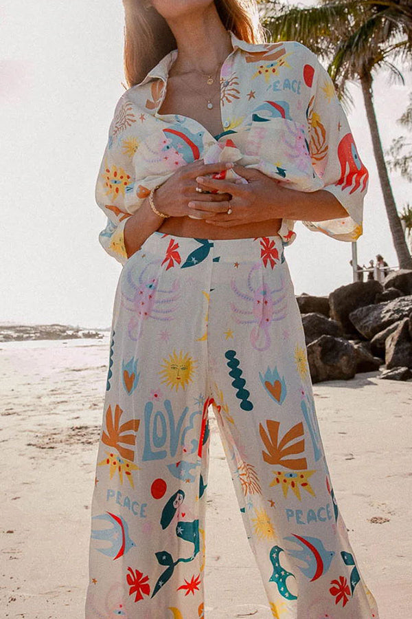 Abstract Sea Creature Print Button Pockets Elastic Waist Pant Suit-consonak