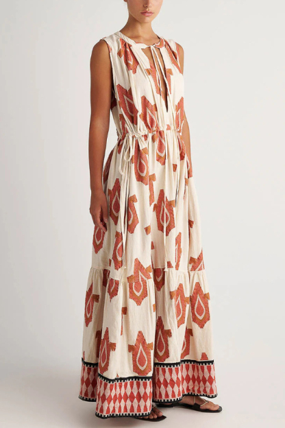 Unique Printed Round Neck Tie Sleeveless Holiday Maxi Dress