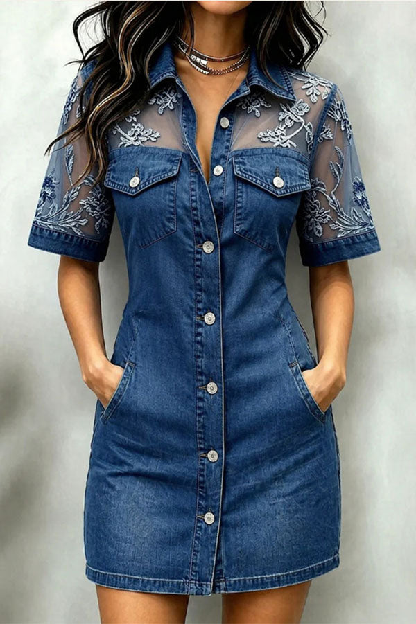 Embroidered Lace Mesh Panel Denim Mini Dress-Consonak