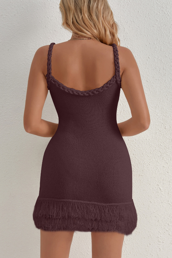 Solid Color Cable Camisole Slim Fit Tassel Knit Mini Dress-consonak