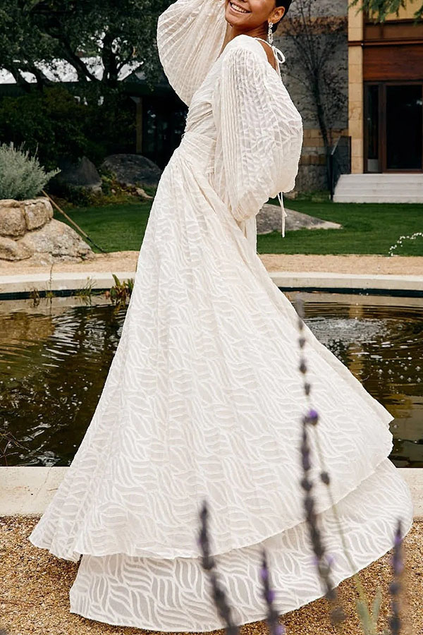 Wedding Guests Pleated Textured Chiffon Fabric Balloon Sleeve Open Back Maxi Dress-consonak