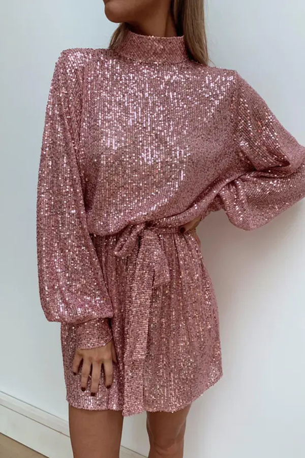 Fashionable Sequined Long-sleeved Belted Casual Mini Dress-consonak