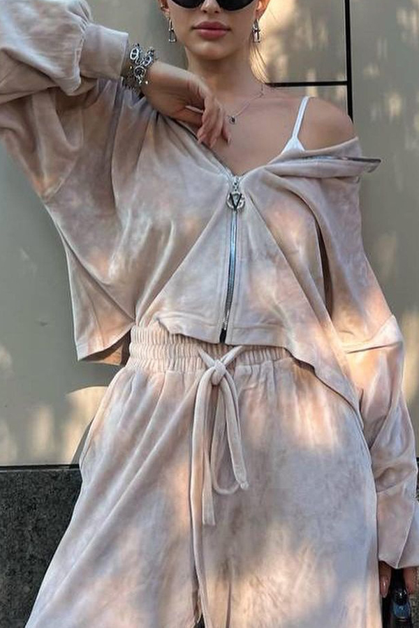 Velvet Casual Zip-up Hooded Top and Elastic Waist Wide Leg Pants Set-consonak