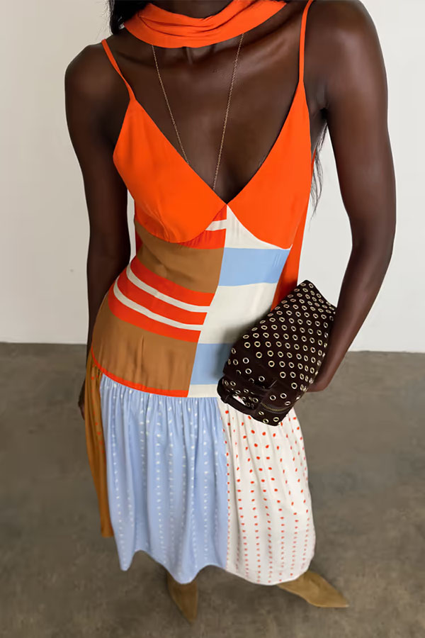 Vibrant Touch Color-blocked Polka Dot Print Slip Pleated Hem Maxi Dress-consonak