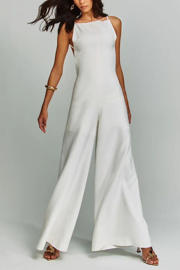 Kelso Linen Blend Square Neck Pocketed Backless Wide Leg Jumpsuit | Consonak