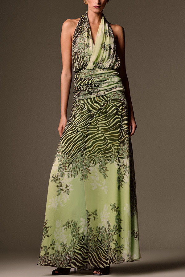 Lyra Floral and Animal Prints Ruched Waist Halter Backless Tank and High Rise Maxi Skirt Set