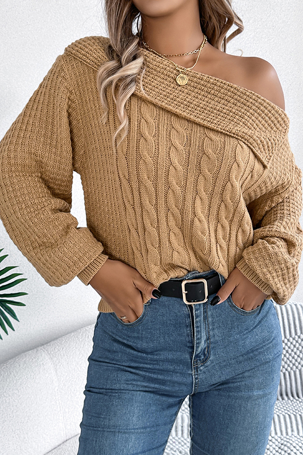 Solid Color Casual One Shoulder Long Sleeve Knitted Sweater-consonak