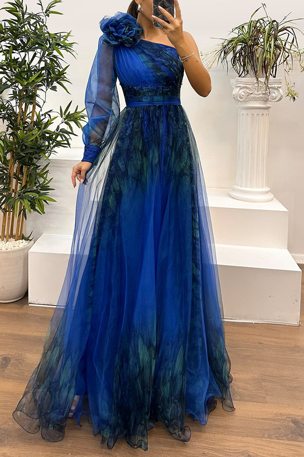 Guest List Tulle Printed Flower Pendant One Shoulder Pleated Slit Maxi Dress-consonak