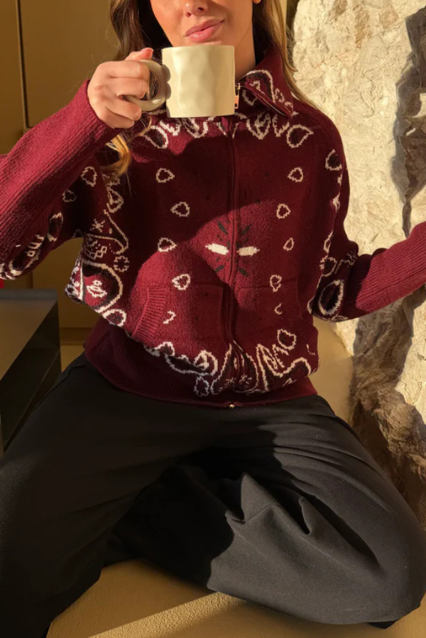 Fashionable Jacquard Turtleneck Long-sleeved Casual Zip-up Pocket Knit