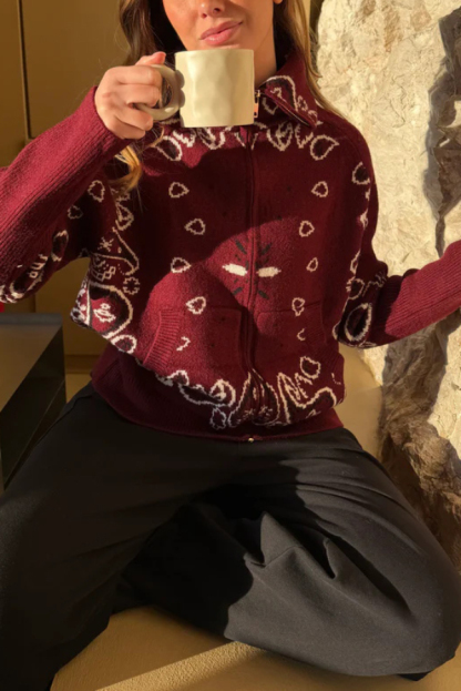 Fashionable Jacquard Turtleneck Long-sleeved Casual Zip-up Pocket Knit Top