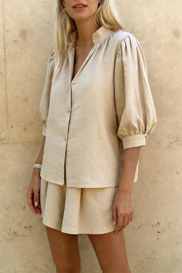 Linen Blend V-neck Puff Sleeve Shirt and Elastic Waist Loose Pocket Shorts Set-consonak