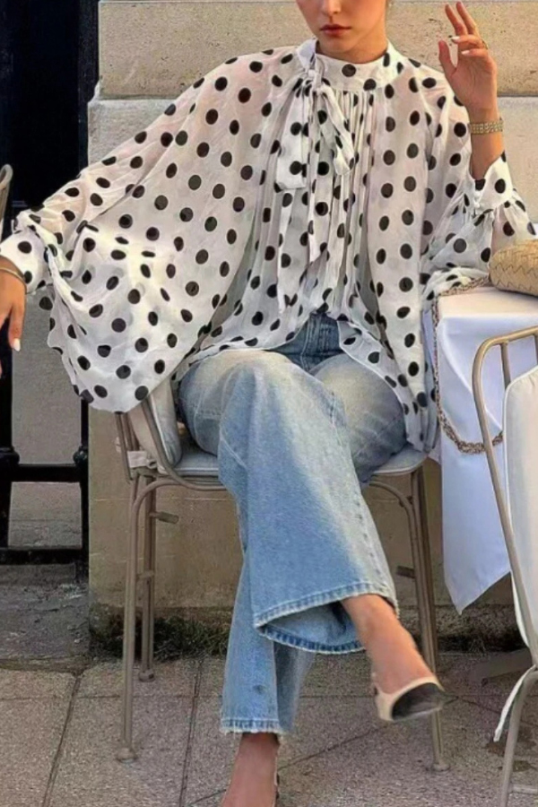 Polka Dot Print Tie-waist Lantern Sleeve Elegant Loose Shirt-consonak