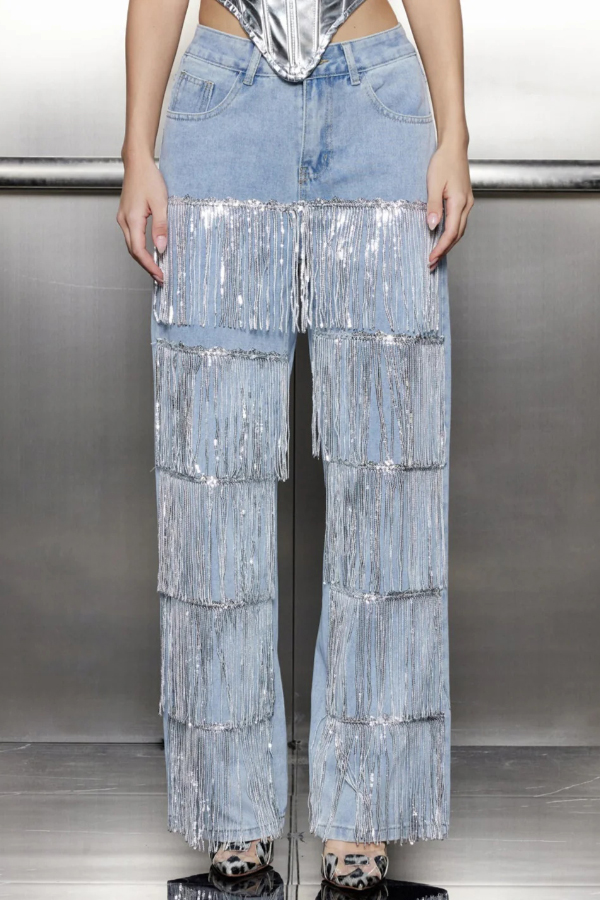 Stylish High-waisted Pocket Tassel Casual Straight Leg Jeans-consonak