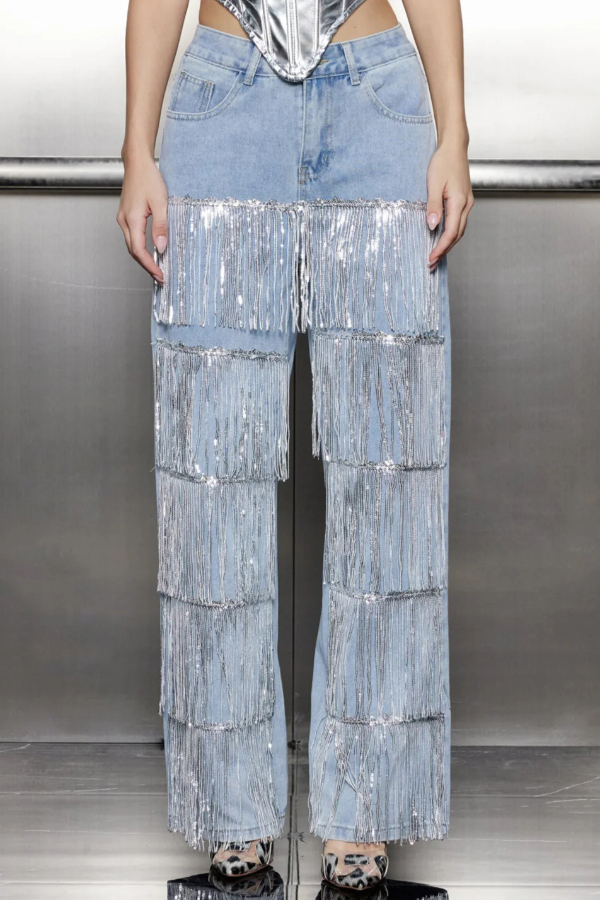 Stylish High-waisted Pocket Tassel Casual Straight Leg Jeans-consonak