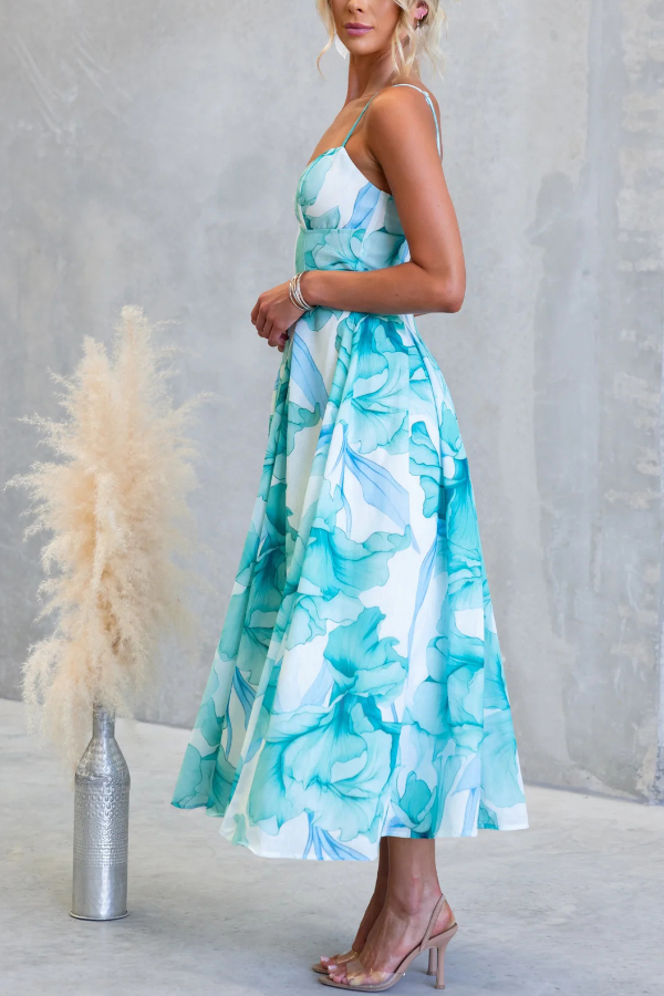 Floral Print Spaghetti Strap Backless Holiday Maxi Dress-consonak