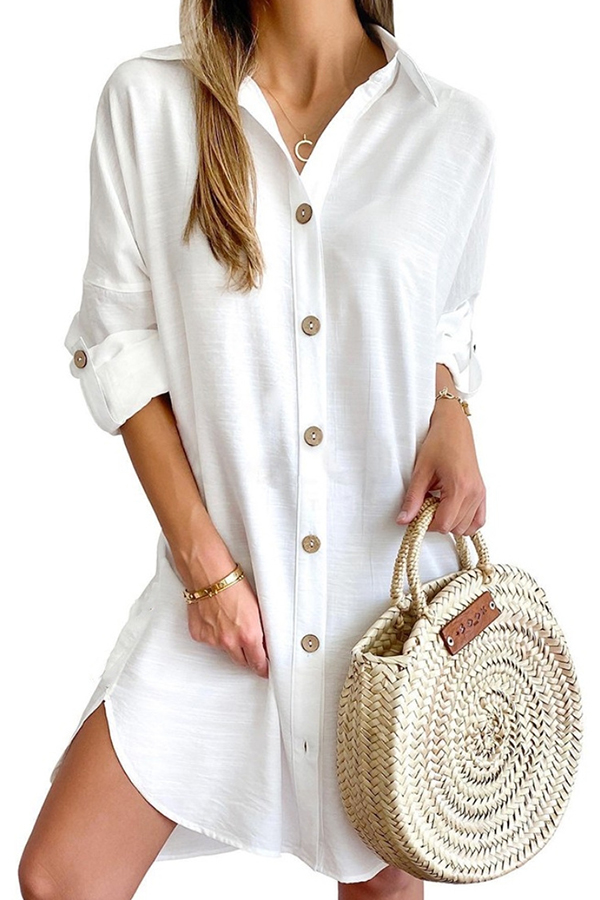 Solid Color Casual Button-Down Shirt Style Mini Dress | Consonak