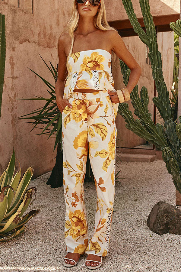 Lorde Linen Blend Floral Print Cutout Trim A-line Tank and High Rise Pocket Wide Leg Pants Set-consonak