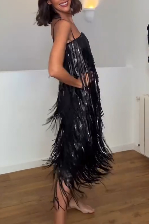 Chic Celebration Layered Sequined Tassels Slip Strapless H-line Midi Dress-consonak