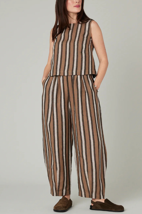 Striped Printed Crew Neck Sleeveless Top and Elastic Waist Wide-leg Pants Set | Consonak
