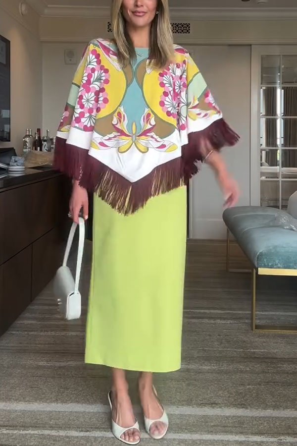 Boho Ethnic-style Floral Pattern Tassel Trim Loose Cape Top-consonak