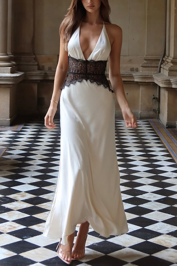 Seductive Details Satin Lace Waist Halter Tie-up Backless Maxi Dress-consonak