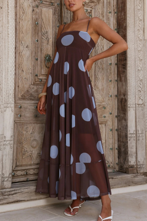 Polka Dot Print Mesh Spaghetti Strap Square Neck Vacation Maxi Dress