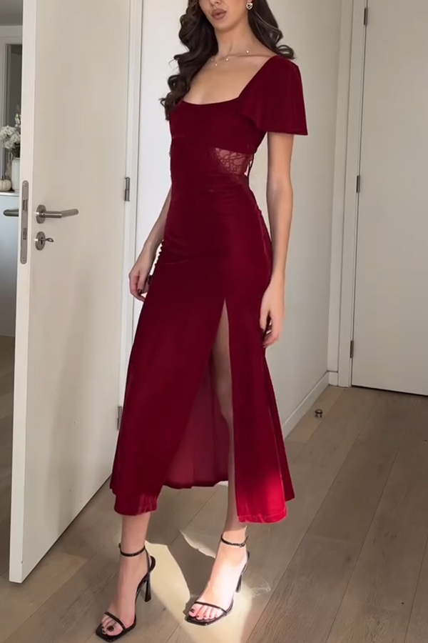 Yumi Velvet Lace Patchwork Bell Sleeve Back Lace-up Slit Midi Dress-consonak
