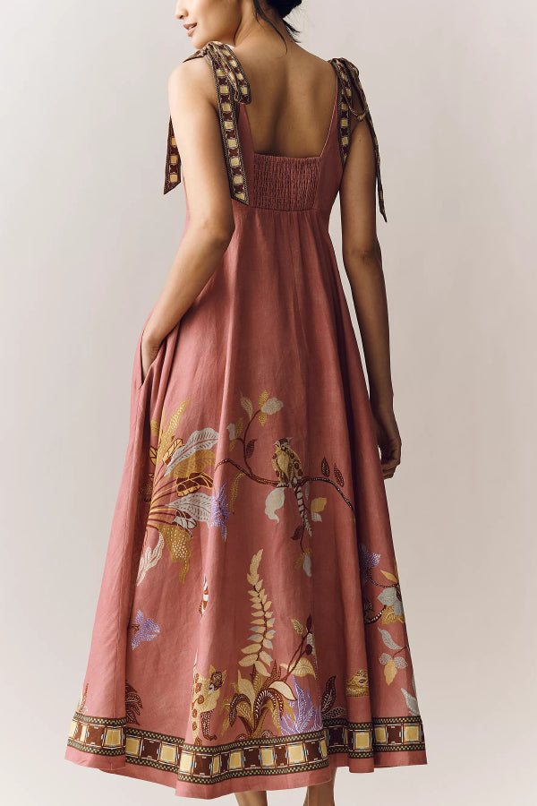 Linen Blend Unique Printed Tie-up Suspenders Pocket Elegant  Vacation Maxi Dress