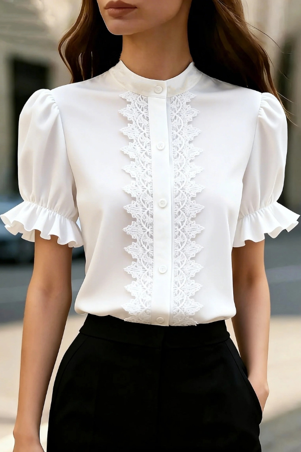 Solid Color Lace Patchwork Stand Collar Puff Sleeve Casual Shirt