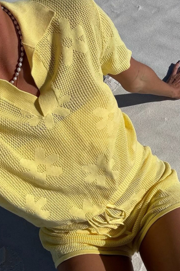 Solid Color Loose Short-sleeved Openwork Top and Elastic Waist Casual Knit Shorts Cover-up Set-consonak