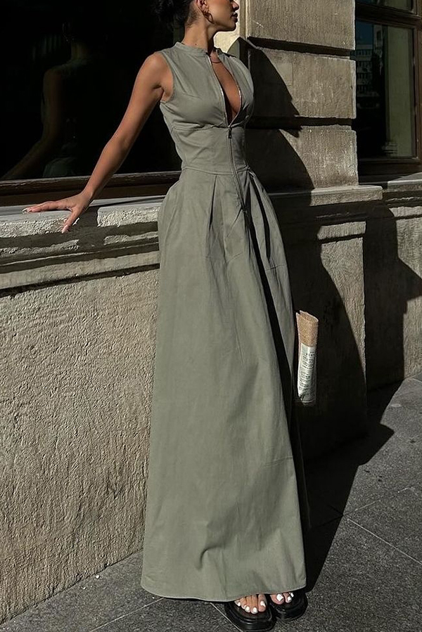 Stylish Sleeveless Zippered V-neck Slim Fit Maxi Dress-consonak