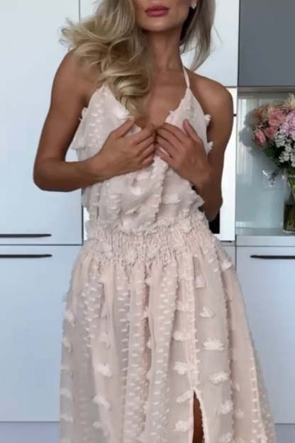 Gloria Embroidery Flowers Elastic Waist Halter Backless Slit Maxi Dress-consonak