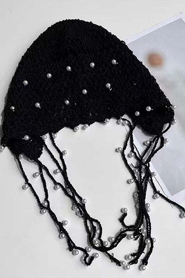 Solid Pearl Embellished Hollow Knit Hat-consonak