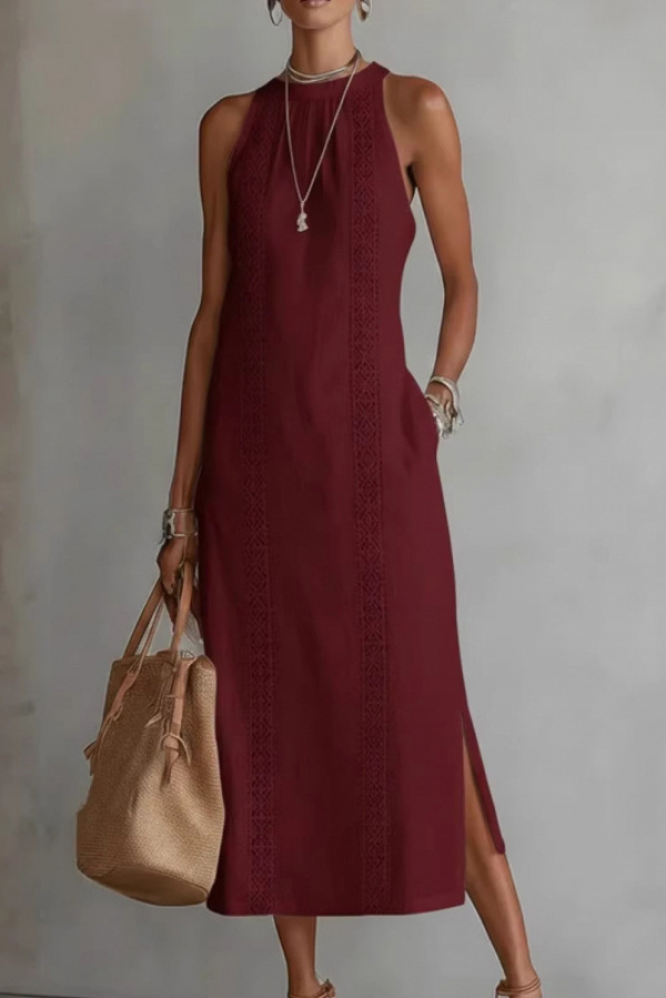Solid Color Round Neck Sleeveless Casual Pockets Midi Dress