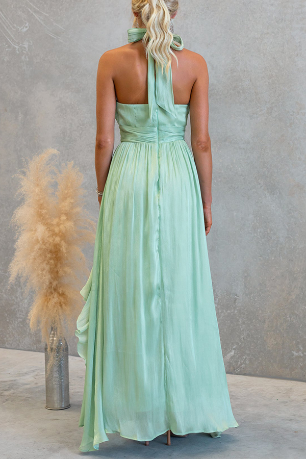 Coral Textured Metallic Chiffon Material High Tie Neck Ruffles Maxi Dress