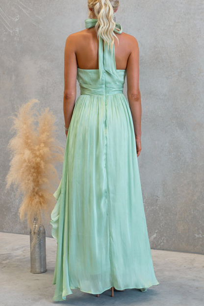 Coral Textured Metallic Chiffon Material High Tie Neck Ruffles Maxi Dress