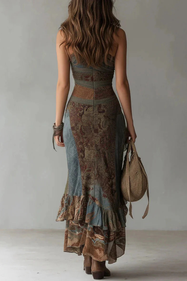 Unique Patchwork Print One-shoulder Sleeveless Fitted Asymmetrical Maxi Dress | Consonak