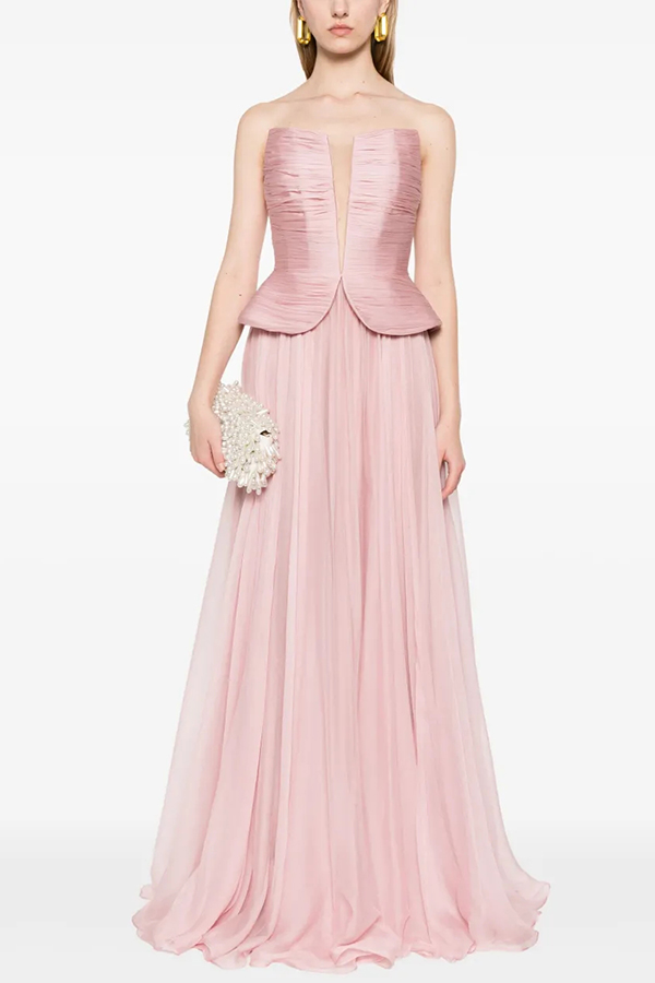 Fantasy Fairy Pleated Corset Chiffon Hem Strapless Maxi Dress-consonak