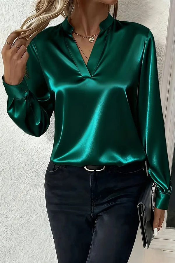 Solid Color Satin Loose V-neck Long-sleeved Casual Shirt-consonak
