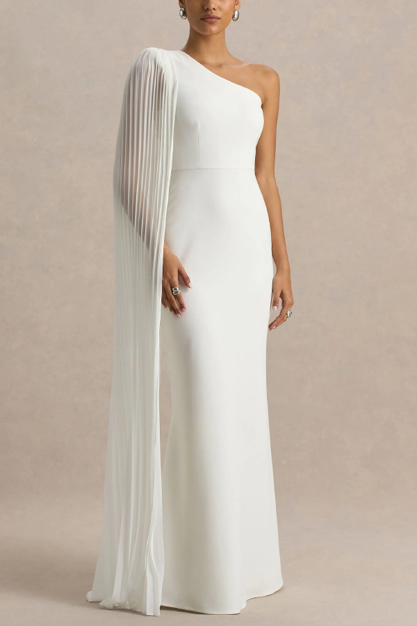 Solid Color Slanted Neckline Pleated Slim-fitting Elegant Maxi Dress