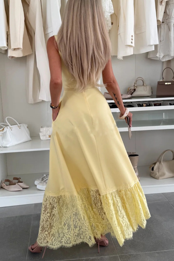 Solid Color Square Neck Sleeveless Fitted Waist Elegant Lace Hem Maxi Dress