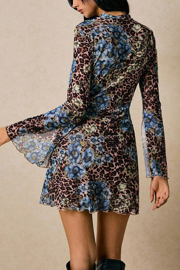 Floral Leopard Print Flared Long-sleeved Slim-fit Mini Dress-consonak