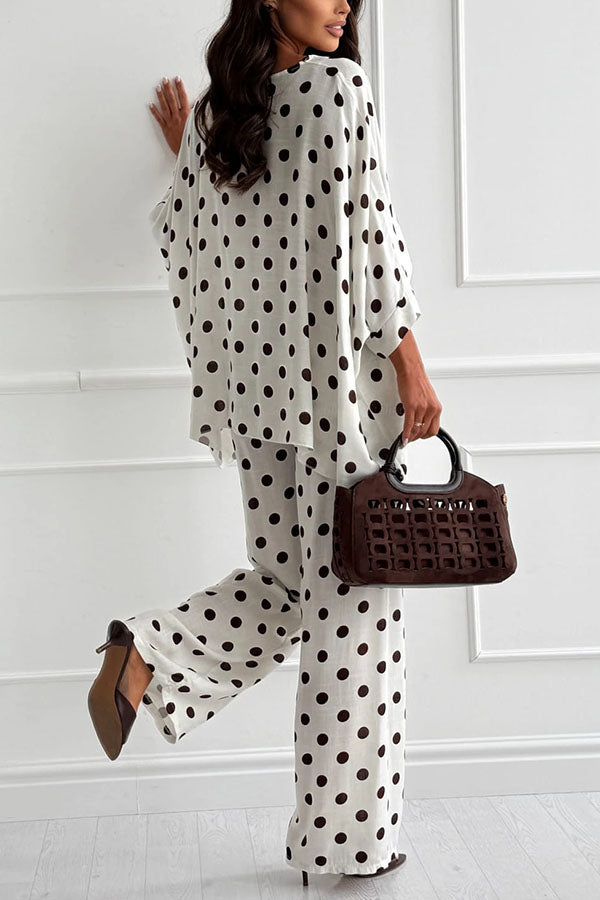 Verne Linen Blend Polka Dot Batwing Sleeve Top and Elastic Waist Pocket Loose Pants Set | Consonak