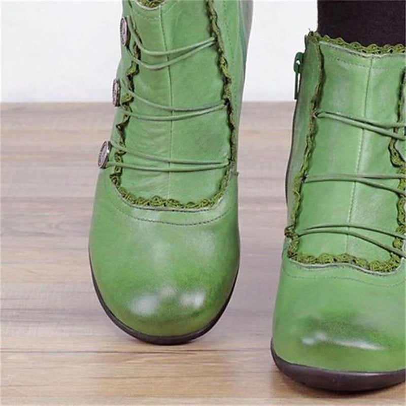 Retro Lace Round Buckle Low Heel Martin Boots-consonak