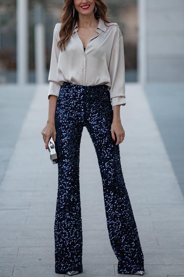Diva Velvet Sequin High Rise Elastic Waist Flare Pants | Consonak