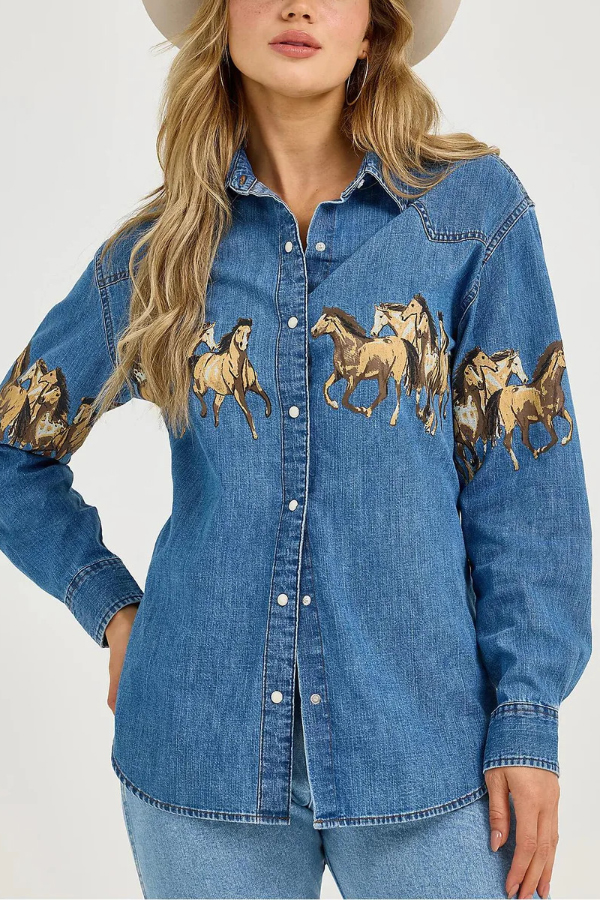 Stylish Horse Print Collared Long-Sleeved Casual Denim Jacket