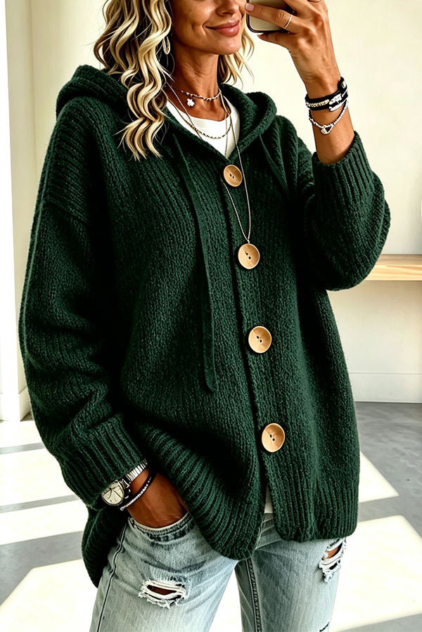 Warm Season Knit Four-button Long Sleeve Hooded Loose Cardigan-Consonak