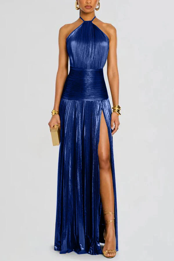 Glamorous Metallic Pleated Fabric Open Back Halter Slit Maxi Dress | Consonak