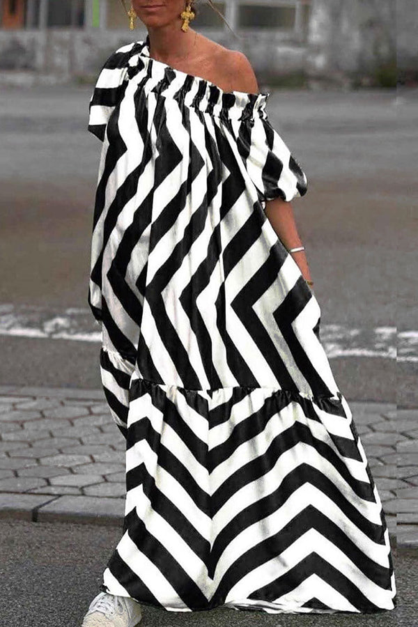 Exquisite Striped Patchwork Bell Sleeve Pocket Maxi Dress-consonak