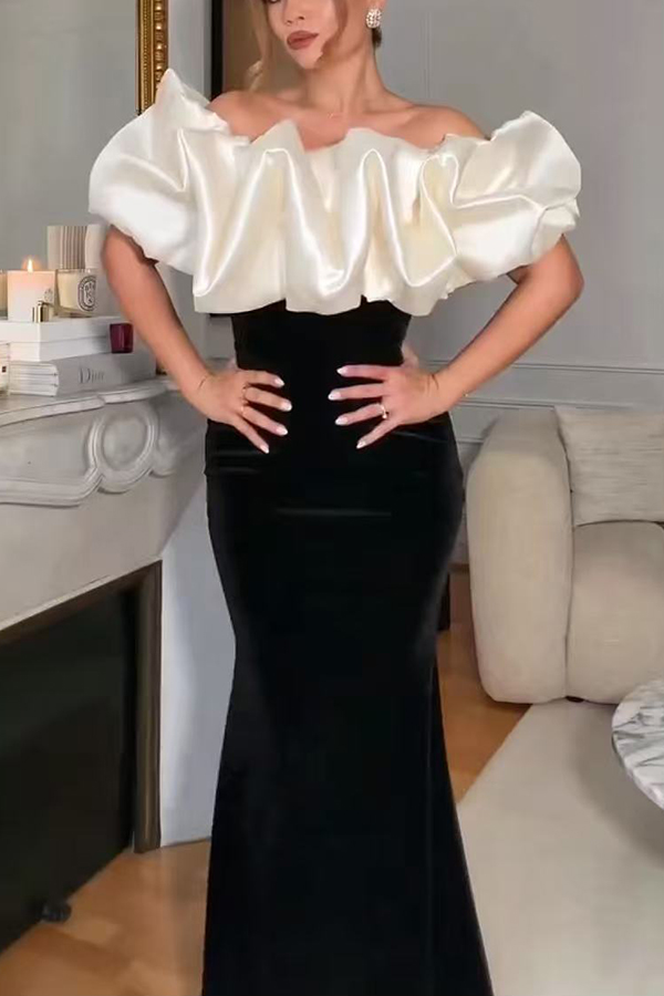 Cecily Velvet Off Shoulder Satin Structured Bardot Neck Stretch Maxi Dress-consonak